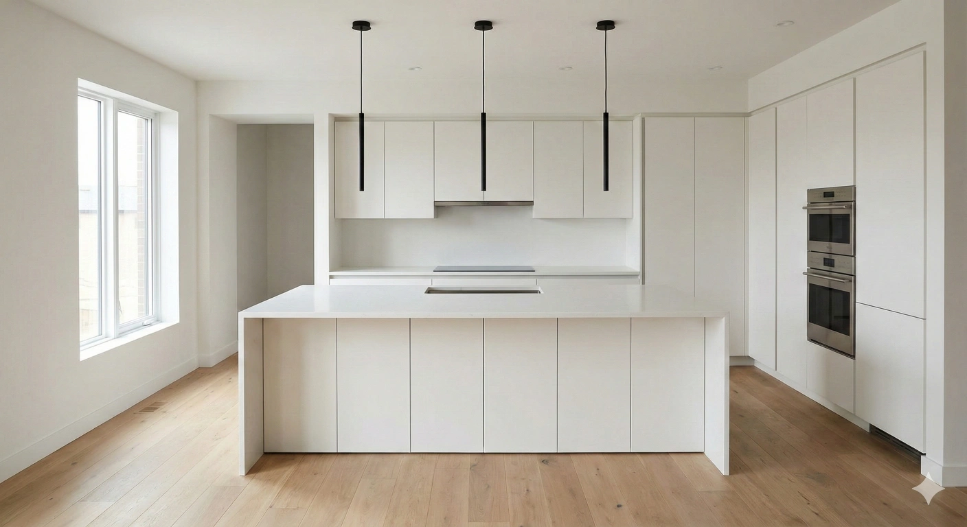 Modern minimalist kitchen with white quartz counters and oak floors