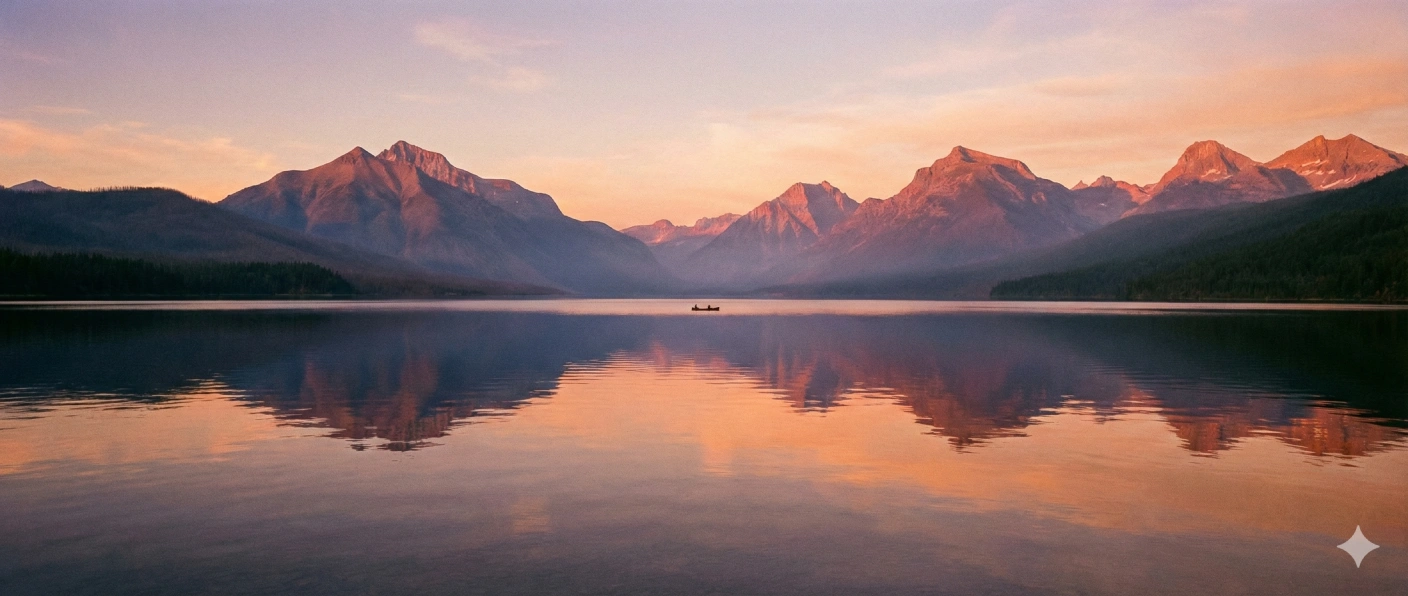 Peaceful lake at sunset with mountains and gentle haze