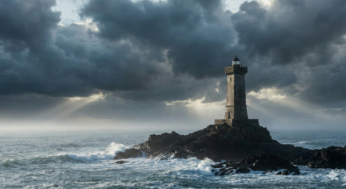 Dramatic lighting on lighthouse with stormy sea and crashing waves