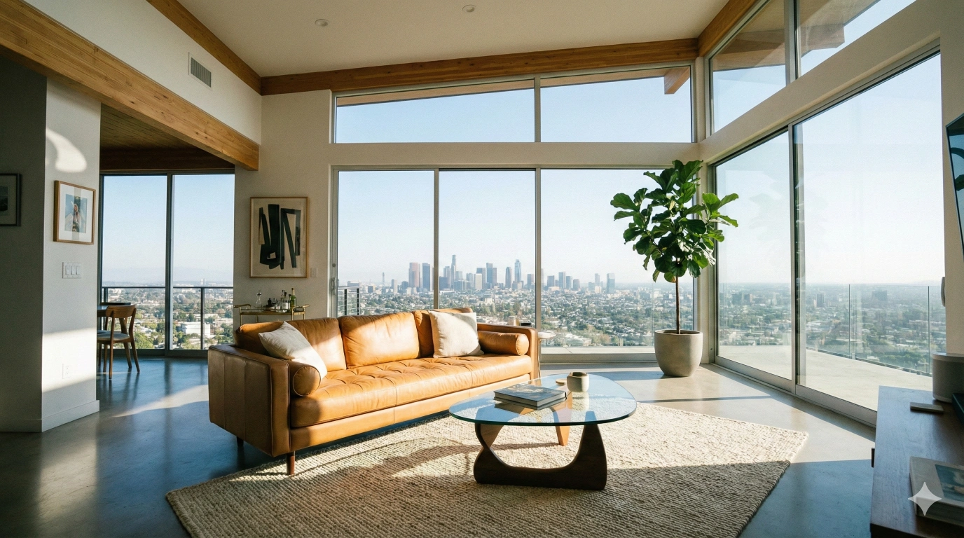 Wide angle contemporary living room with large windows and city view