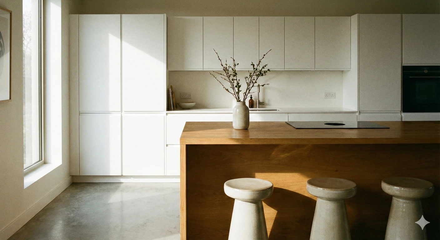 Modern white kitchen with natural light and minimal styling