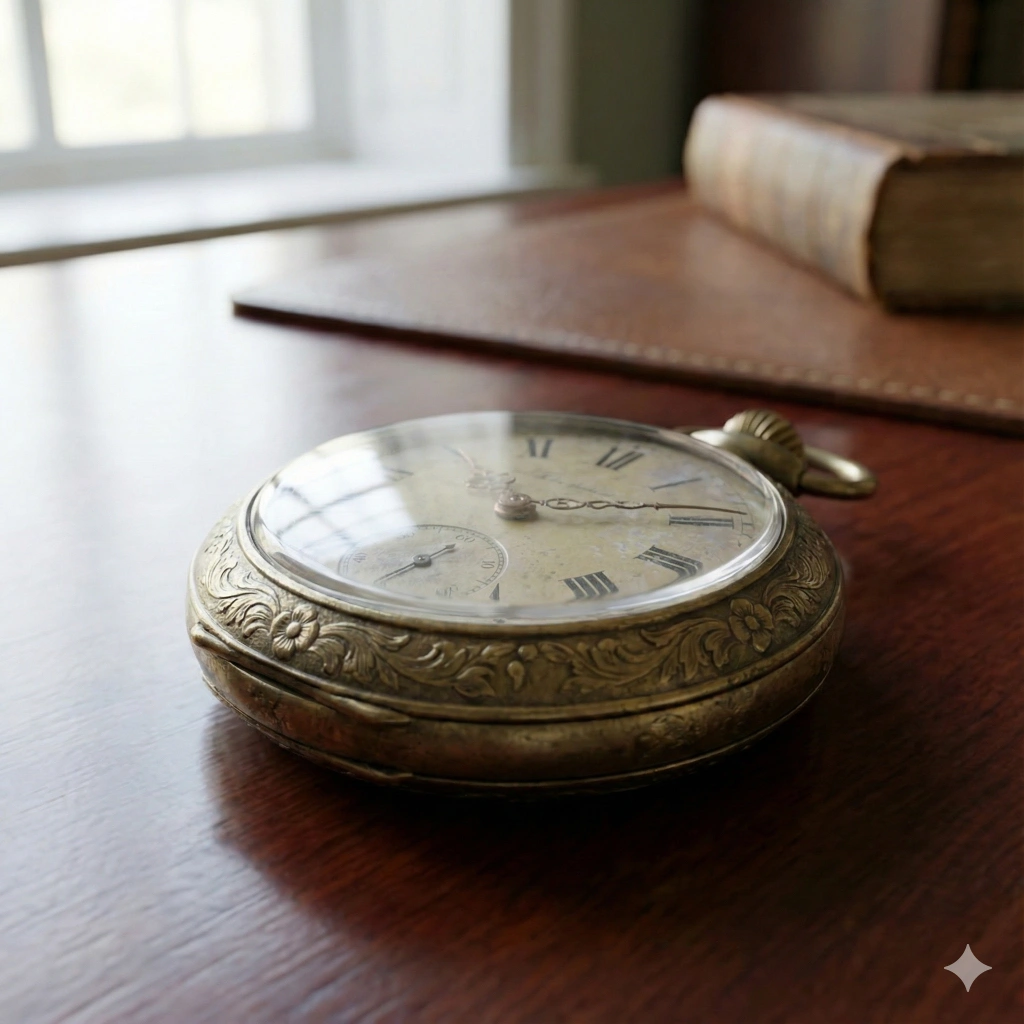 Macro photo of vintage pocket watch on mahogany with shallow depth of field