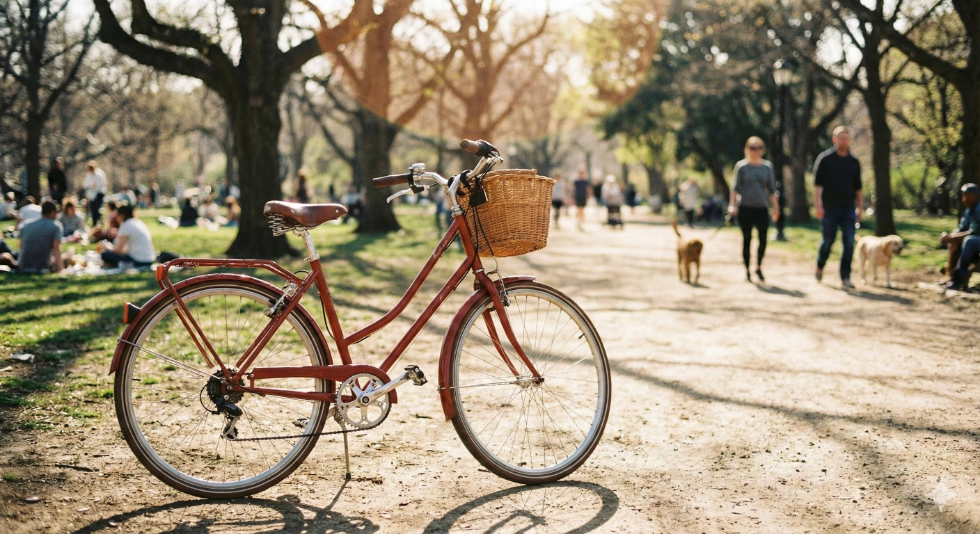 Red bicycle in a sunny park with shallow depth of field