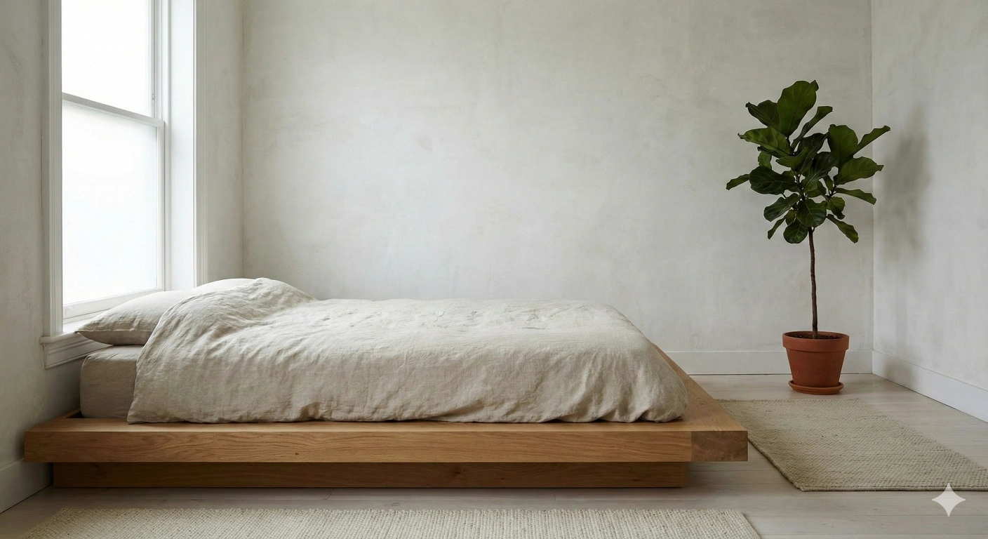 Minimalist bedroom with oak platform bed and white walls
