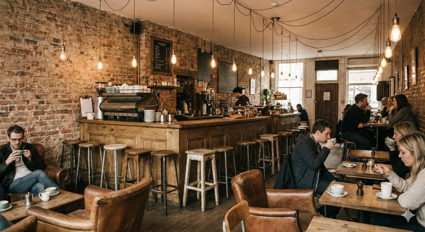 Vintage coffee bar with exposed brick and Edison bulbs