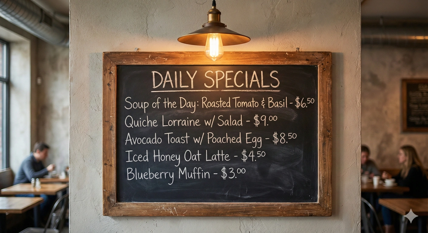 Chalkboard cafe menu with DAILY SPECIALS heading in chalk