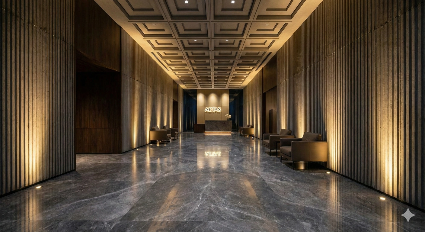 Modern office lobby low angle with dramatic uplighting and marble floors